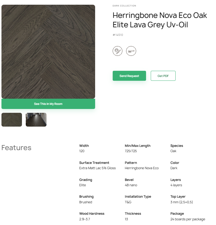 „Herringbone“ rašto ąžuolo parketlentės „Nova Eco Elite Lava Grey“ UV-Oil – #14510
