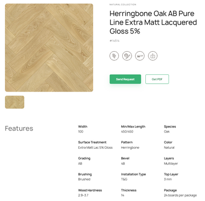 „Herringbone“ rašto ąžuolo parketlentės „AB Pure Line“ Extra Matt Lacquered Gloss 5% – #14514