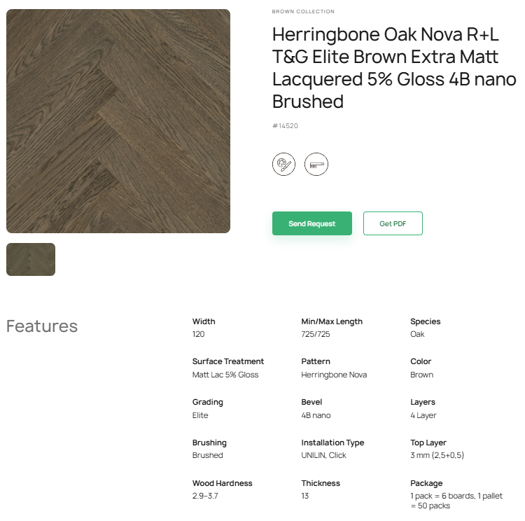 „Herringbone“ rašto ąžuolo parketlentės „Nova Elite Brown“ R+L T&G Extra Matt Lacquered 5% Gloss 4B nano Brushed – #14520