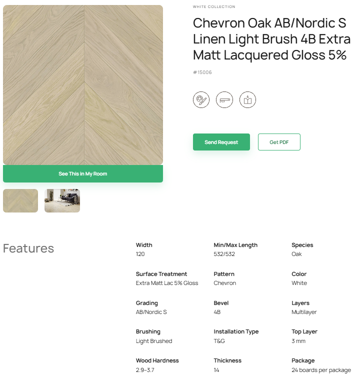 „Chevron“ rašto ąžuolo parketlentės „AB/Nordic S Linen“ Light Brushed 4B Extra Matt Lacquered Gloss 5% – #15006