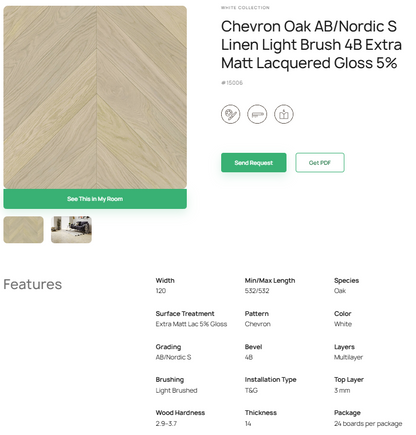 „Chevron“ rašto ąžuolo parketlentės „AB/Nordic S Linen“ Light Brushed 4B Extra Matt Lacquered Gloss 5% – #15006
