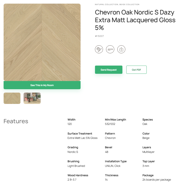 „Chevron“ rašto ąžuolo parketlentės „Nordic S Dazy“ Extra Matt Lacquered Gloss 5% – #15007