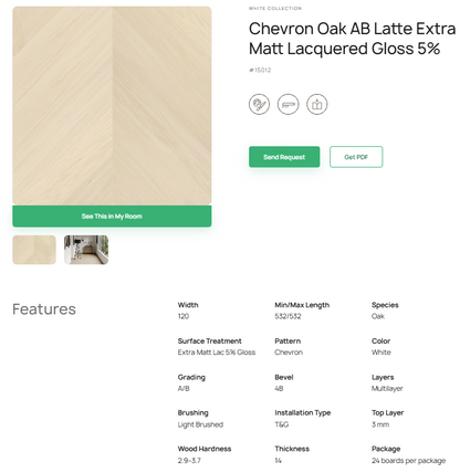 „Chevron“ rašto ąžuolo parketlentės „AB Latte“ Extra Matt Lacquered Gloss 5% – #15012