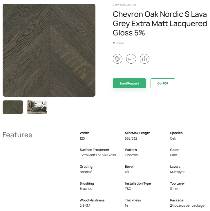 „Chevron“ rašto ąžuolo parketlentės „Nordic S Lava Grey“ Extra Matt Lacquered Gloss 5% – #15030