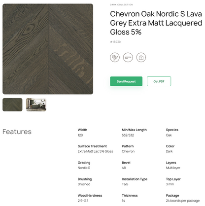 „Chevron“ rašto ąžuolo parketlentės „Nordic S Lava Grey“ Extra Matt Lacquered Gloss 5% – #15030