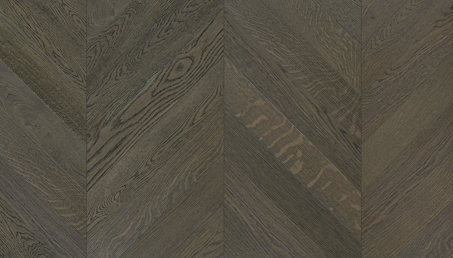 „Chevron“ rašto ąžuolo parketlentės „Nordic S Lava Grey“ Extra Matt Lacquered Gloss 5% – #15030