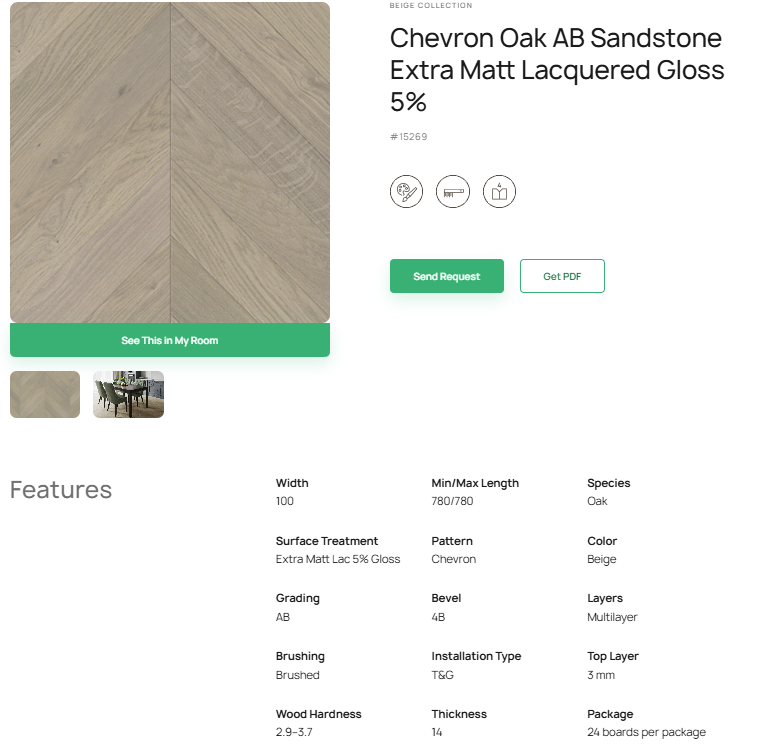 „Chevron“ rašto ąžuolo parketlentės „AB Sandstone“ Extra Matt Lacquered Gloss 5% – #15269