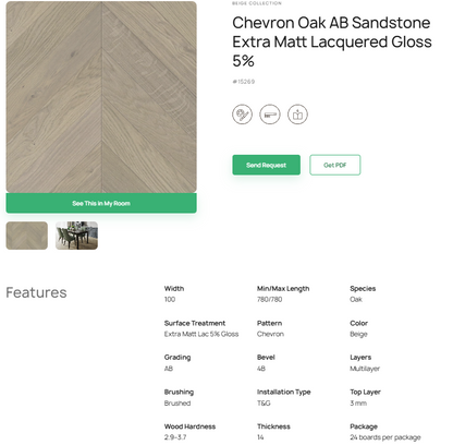 „Chevron“ rašto ąžuolo parketlentės „AB Sandstone“ Extra Matt Lacquered Gloss 5% – #15269