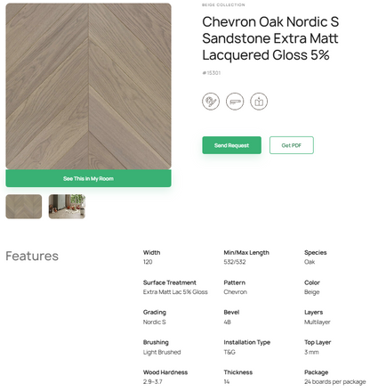 „Chevron“ rašto ąžuolo parketlentės „Nordic S Sandstone“ Extra Matt Lacquered Gloss 5% – #15301