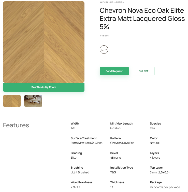 „Chevron“ rašto ąžuolo parketlentės „Nova Eco Elite“ Extra Matt Lacquered Gloss 5% – #15501