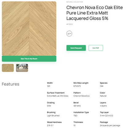„Chevron“ rašto ąžuolo parketlentės „Nova Eco Elite Pure Line“ Extra Matt Lacquered Gloss 5% – #15502