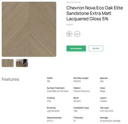 „Chevron“ rašto ąžuolo parketlentės „Nova Eco Elite Sandstone“ Extra Matt Lacquered Gloss 5% – #15503