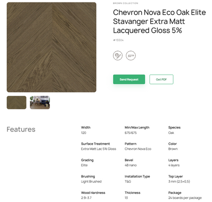 „Chevron“ rašto ąžuolo parketlentės „Nova Eco Elite Stavanger“ Extra Matt Lacquered Gloss 5% – #15504