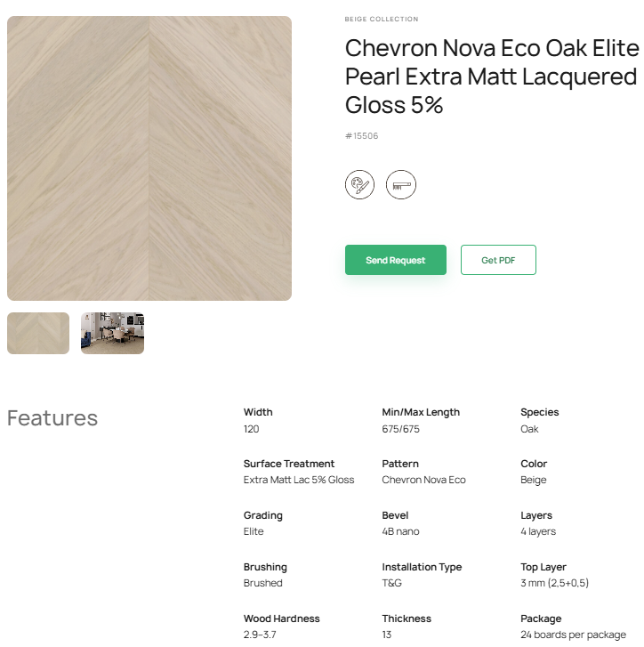 „Chevron“ rašto ąžuolo parketlentės „Nova Eco Elite Pearl“ Extra Matt Lacquered Gloss 5% – #15506