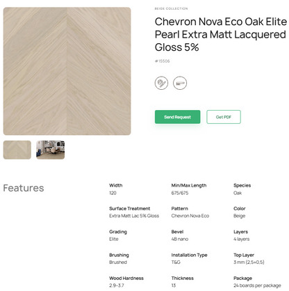 „Chevron“ rašto ąžuolo parketlentės „Nova Eco Elite Pearl“ Extra Matt Lacquered Gloss 5% – #15506