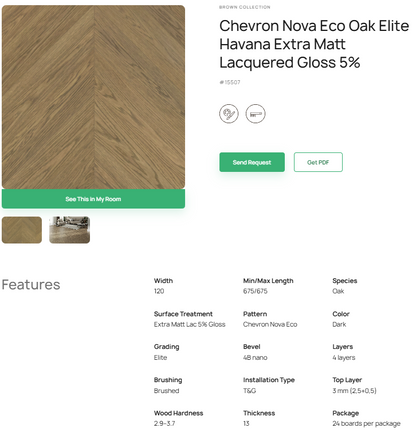 „Chevron“ rašto ąžuolo parketlentės „Nova Eco Elite Havana“ Extra Matt Lacquered Gloss 5% – #15507