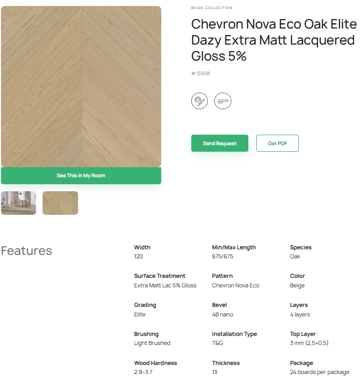 „Chevron“ rašto ąžuolo parketlentės „Nova Eco Elite Dazy“ Extra Matt Lacquered Gloss 5% – #15508