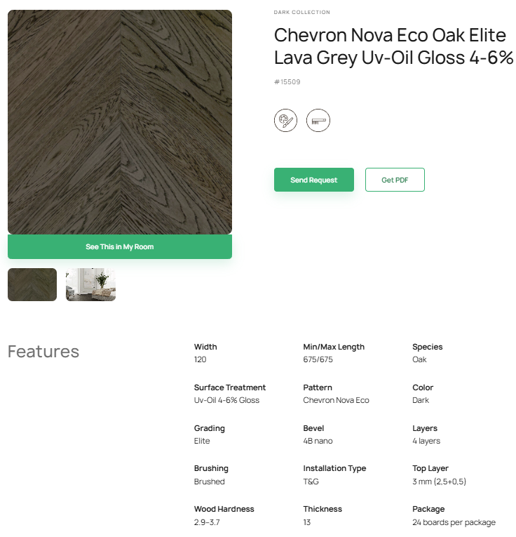 „Chevron“ rašto ąžuolo parketlentės „Nova Eco Elite Lava Grey“ UV-Oil Gloss 4–6% – #15509