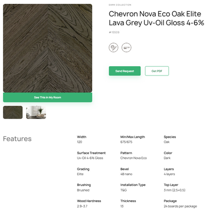 „Chevron“ rašto ąžuolo parketlentės „Nova Eco Elite Lava Grey“ UV-Oil Gloss 4–6% – #15509