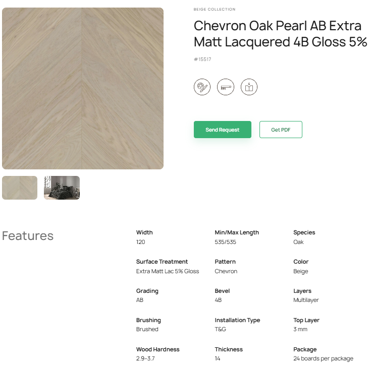 „Chevron“ rašto ąžuolo parketlentės „Pearl AB“ Extra Matt Lacquered 4B Gloss 5% – #15517