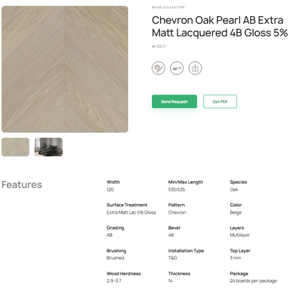 „Chevron“ rašto ąžuolo parketlentės „Pearl AB“ Extra Matt Lacquered 4B Gloss 5% – #15517