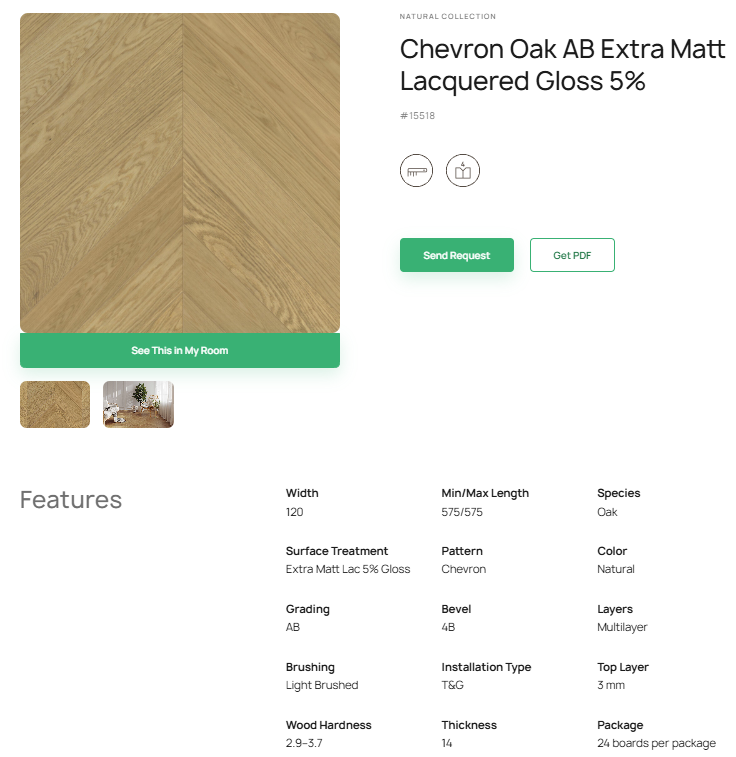 „Chevron“ rašto ąžuolo parketlentės „AB“ Extra Matt Lacquered Gloss 5% – #15518