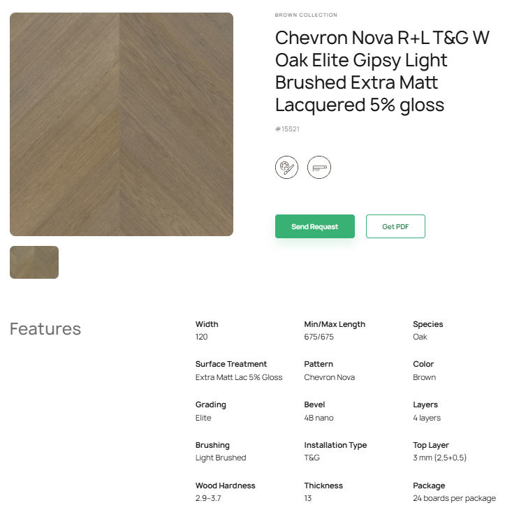 „Chevron“ rašto ąžuolo parketlentės „Nova Elite Gipsy“ R+L T&G W Light Brushed Extra Matt Lacquered 5% Gloss – #15521