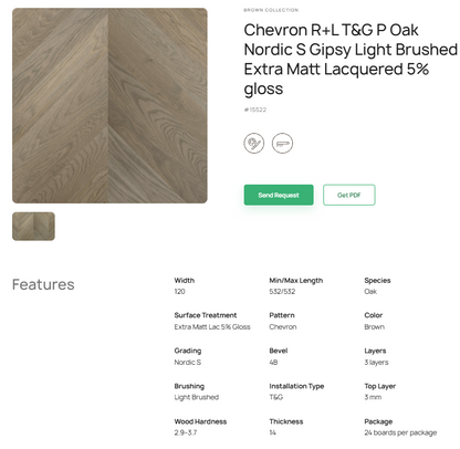 „Chevron“ rašto ąžuolo parketlentės „Nordic S Gipsy“ R+L T&G P Light Brushed Extra Matt Lacquered 5% Gloss – #15522