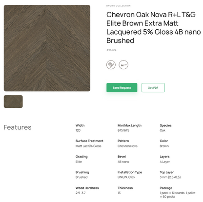 „Chevron“ rašto ąžuolo parketlentės „Nova Elite Brown“ R+L T&G Extra Matt Lacquered 5% Gloss 4B nano Brushed – #15524