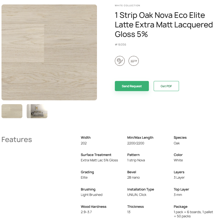 1 juostos ąžuolo parketlentės „Nova Eco Elite Latte“ Extra Matt Lacquered Gloss 5% – #16056