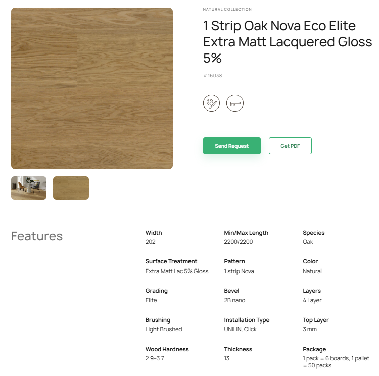 1 juostos ąžuolo parketlentės „Nova Eco Elite“ Extra Matt Lacquered Gloss 5% – #16038