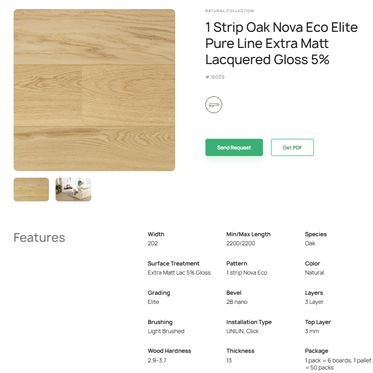 1 juostos ąžuolo parketlentės „Nova Eco Elite Pure Line“ Extra Matt Lacquered Gloss 5% – #16039
