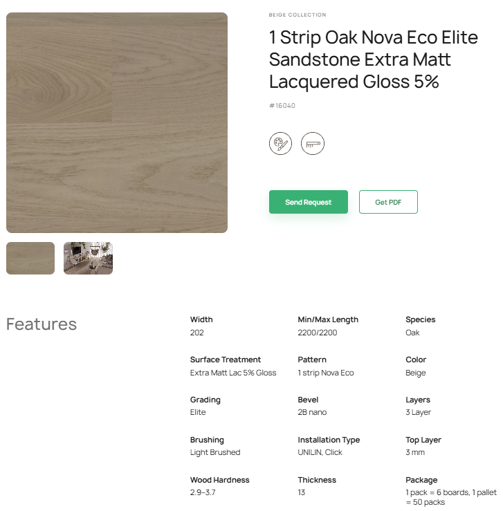 1 juostos ąžuolo parketlentės „Nova Eco Elite Sandstone“ Extra Matt Lacquered Gloss 5% – #16040