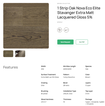 1 juostos ąžuolo parketlentės „Nova Eco Elite Stavanger“ Extra Matt Lacquered Gloss 5% – #16041