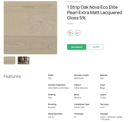 1 juostos ąžuolo parketlentės „Nova Eco Elite Pearl“ Extra Matt Lacquered Gloss 5% – #16043