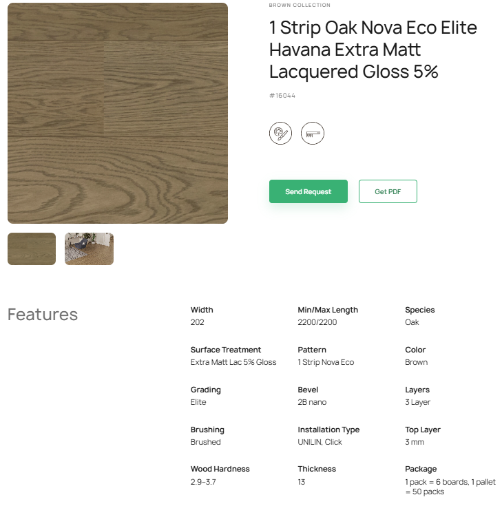 1 juostos ąžuolo parketlentės „Nova Eco Elite Havana“ Extra Matt Lacquered Gloss 5% – #16044