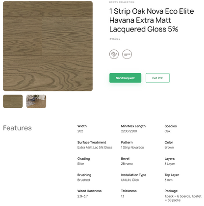1 juostos ąžuolo parketlentės „Nova Eco Elite Havana“ Extra Matt Lacquered Gloss 5% – #16044