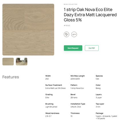 1 juostos ąžuolo parketlentės „Nova Eco Elite Dazy“ Extra Matt Lacquered Gloss 5% – #16045