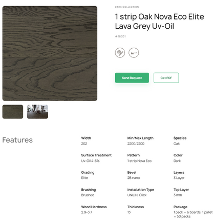 1 juostos ąžuolo parketlentės „Nova Eco Elite Lava Grey“ Uv-Oil 16051