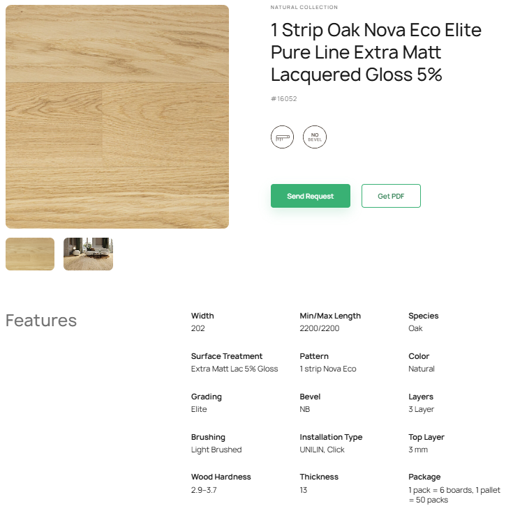 1 juostos ąžuolo parketlentės „Nova Eco Elite Pure Line“ Extra Matt Lacquered Gloss 5% – #16052