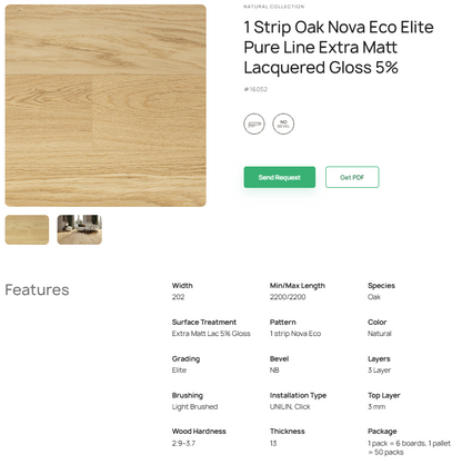 1 juostos ąžuolo parketlentės „Nova Eco Elite Pure Line“ Extra Matt Lacquered Gloss 5% – #16052