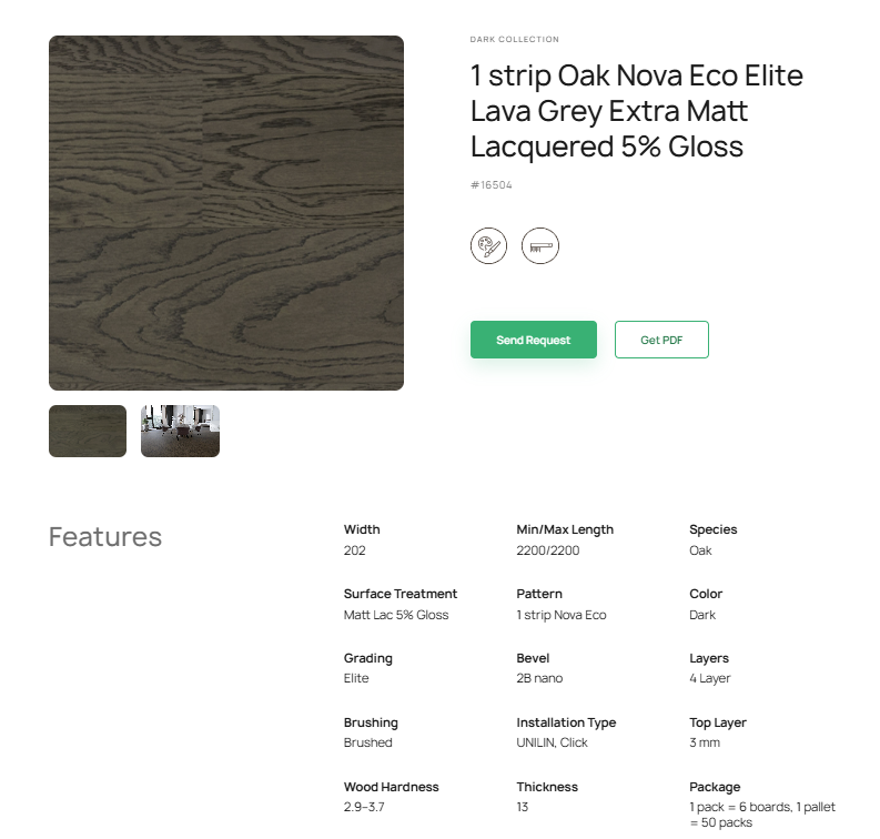 1 juostos ąžuolo parketlentės „Nova Eco Elite Lava Grey“ Extra Matt Lacquered 5% Gloss 16504