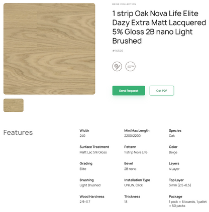 1 juostos ąžuolo parketlentės „Nova Life Elite Dazy“ Extra Matt Lacquered 5% Gloss 2B nano Light Brushed – #16505