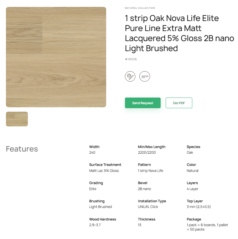 1 juostos ąžuolo parketlentės „Nova Life Elite Pure Line“ Extra Matt Lacquered 5% Gloss 2B nano Light Brushed – #16506