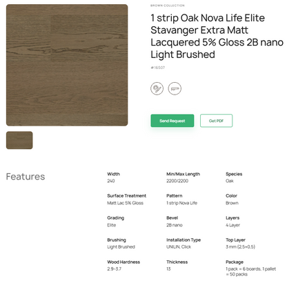 1 juostos ąžuolo parketlentės „Nova Life Elite Stavanger“ Extra Matt Lacquered 5% Gloss 2B nano Light Brushed – #16507