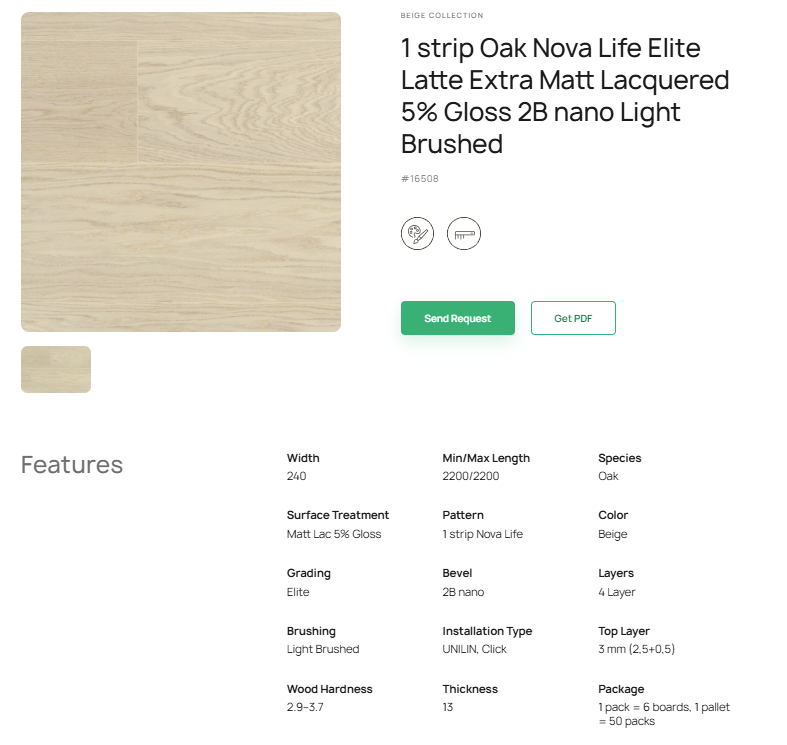 1 juostos ąžuolo parketlentės „Nova Life Elite Latte“ Extra Matt Lacquered 5% Gloss 2B nano Light Brushed – #16508