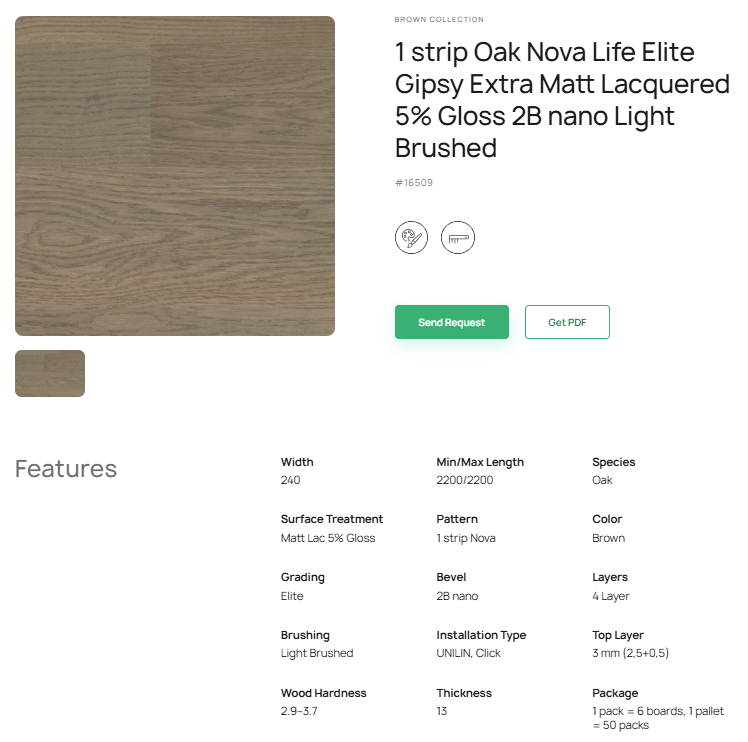 1 juostos ąžuolo parketlentės „Nova Life Elite Gipsy“ Extra Matt Lacquered 5% Gloss 2B nano Light Brushed – #16509