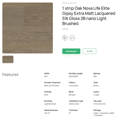 1 juostos ąžuolo parketlentės „Nova Life Elite Gipsy“ Extra Matt Lacquered 5% Gloss 2B nano Light Brushed – #16509