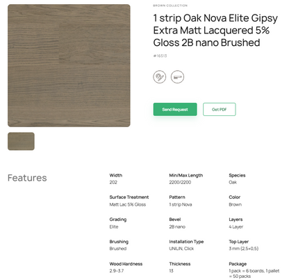 1 juostos ąžuolo parketlentės „Nova Elite Gipsy“ Extra Matt Lacquered 5% Gloss 2B nano Brushed – #16513