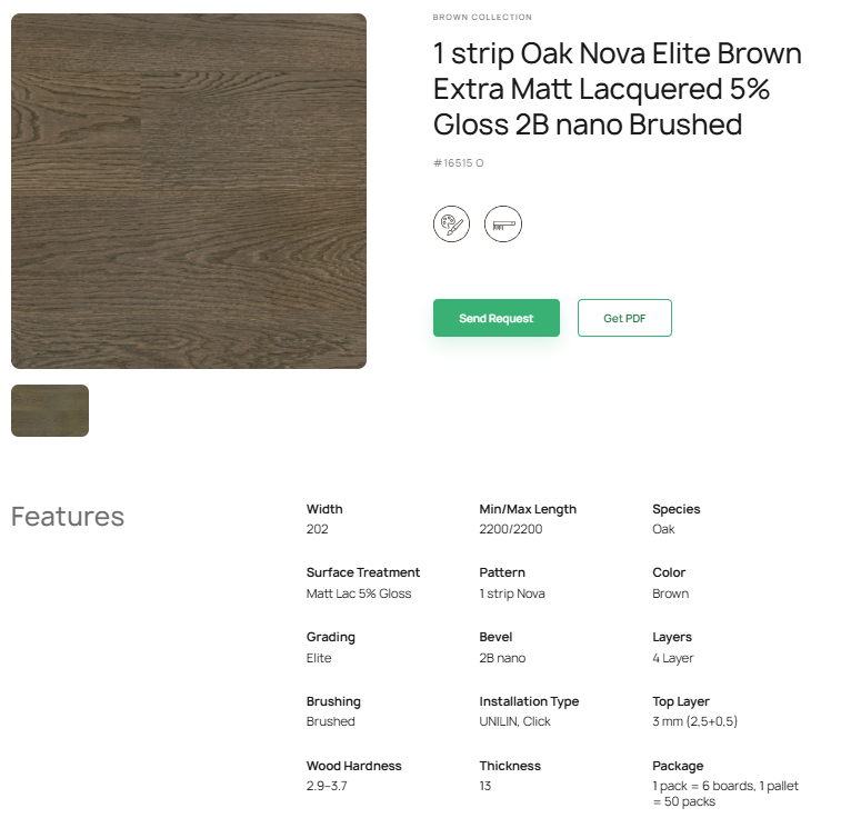 1 juostos ąžuolo parketlentės „Nova Elite Brown“ Extra Matt Lacquered 5% Gloss 2B nano Brushed – #16515 O